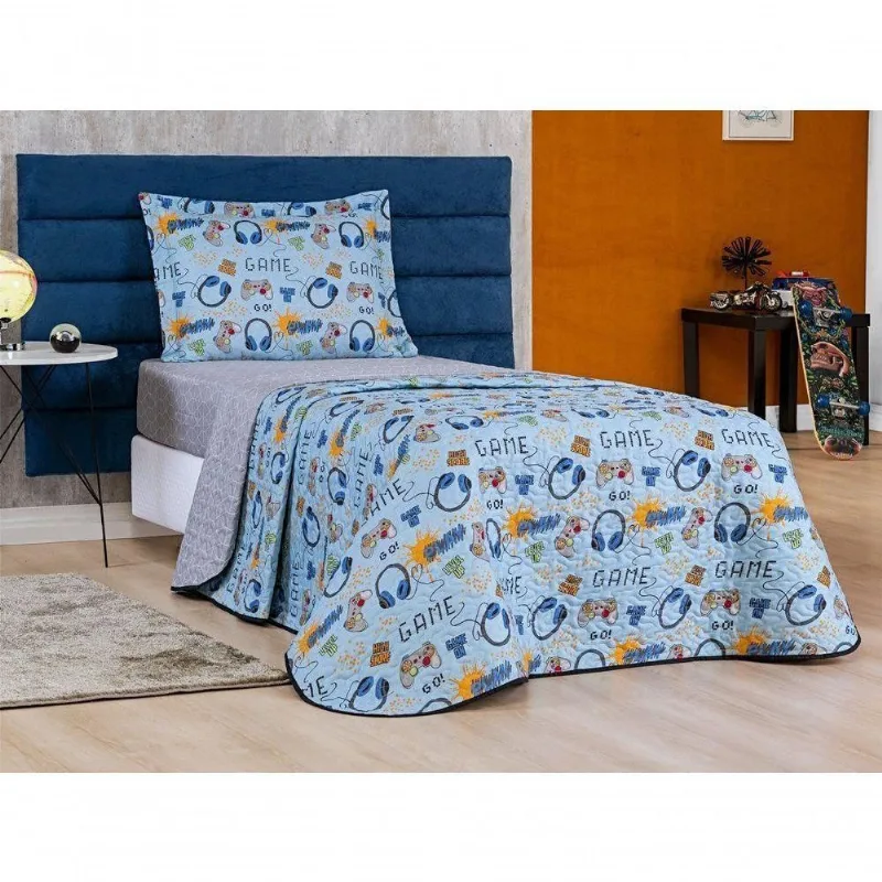 Colcha Cobre Leito Bouti Dupla Face Solteiro Infantil Kids 2 Peças - Game - Bia Enxovais