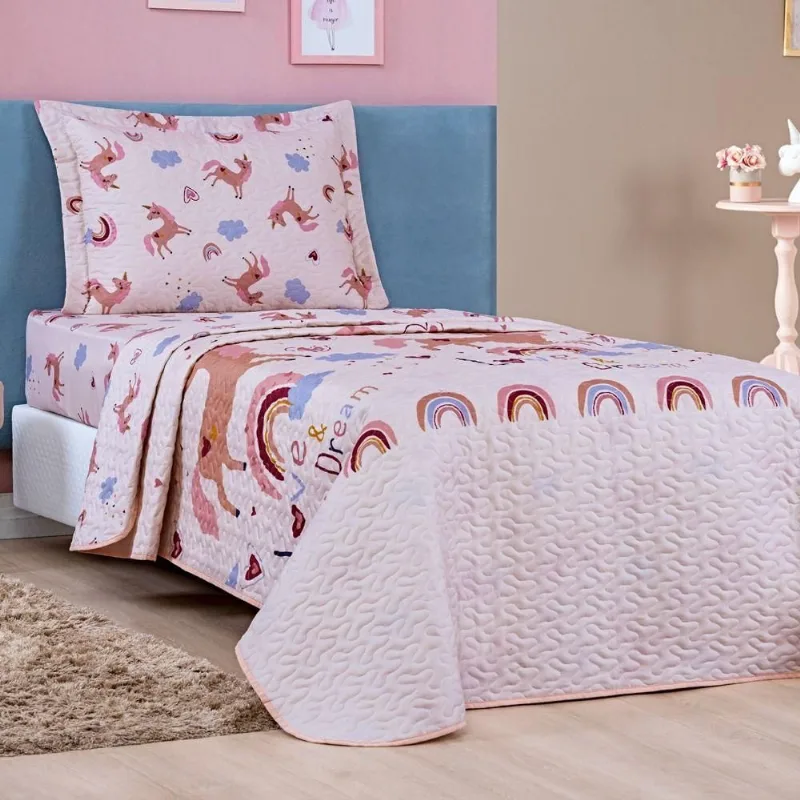 Colcha Cobre Leito Bouti Dupla Face Solteiro Infantil Kids 2 Peças - Unicórnio - Bia Enxovais
