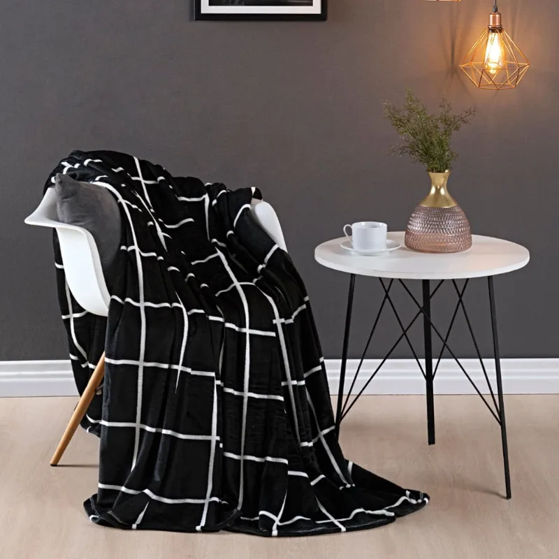 Manta Queen Flannel Grid Austin Macia 1 Pç Preto