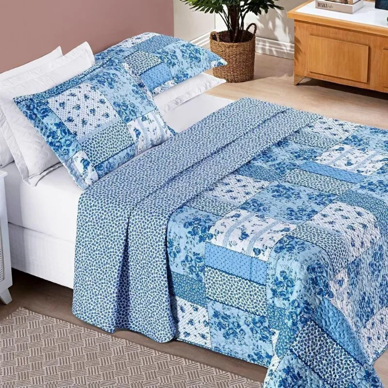 Colcha Estampada Dupla Face Bouti Queen 03 Peças - Azul Sereno - Bia Enxovais