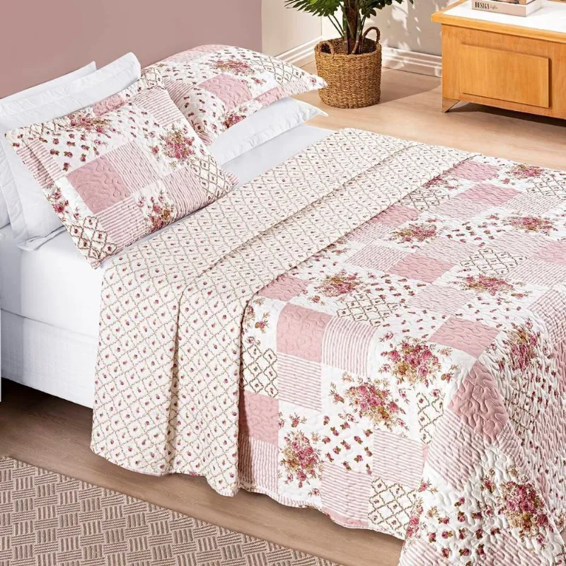 Colcha Estampada Dupla Face Bouti King 03 Peças - Rosa Matura - Bia Enxovais