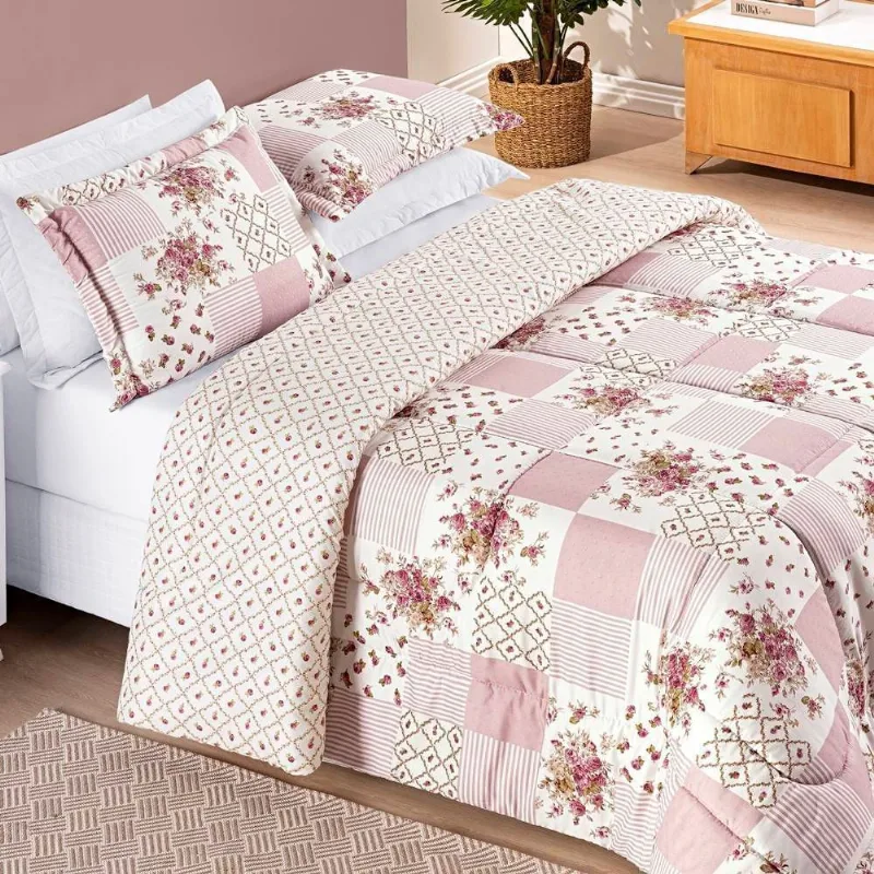 Kit Edredom Dupla Face 2,40m x 2,20m Bouti 03 Peças - Rosa Matura