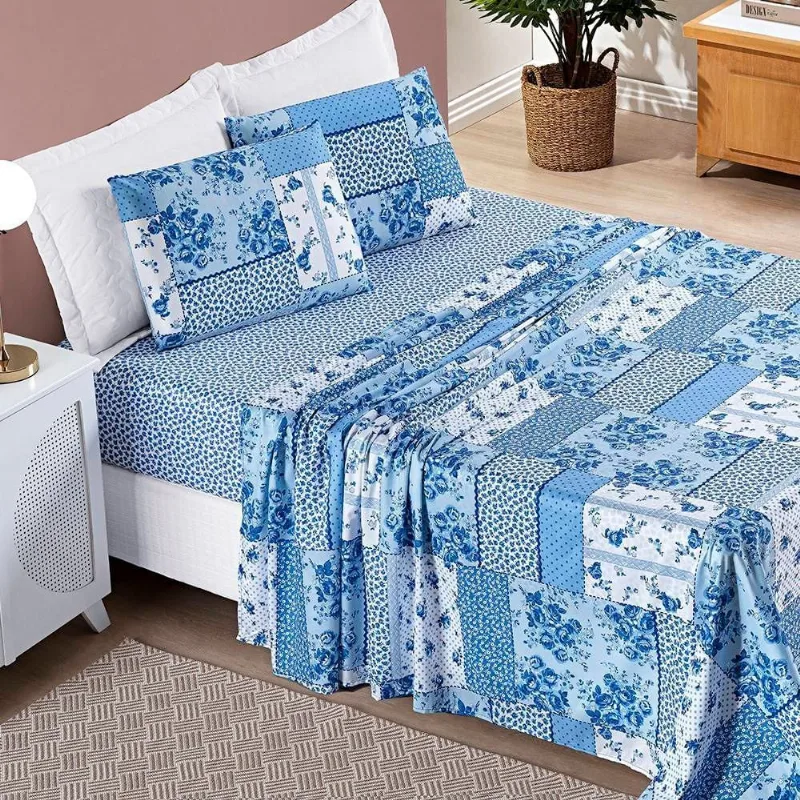 Jogo de Cama Lençol Bouti Estampado Queen 04 Peças - Azul Sereno