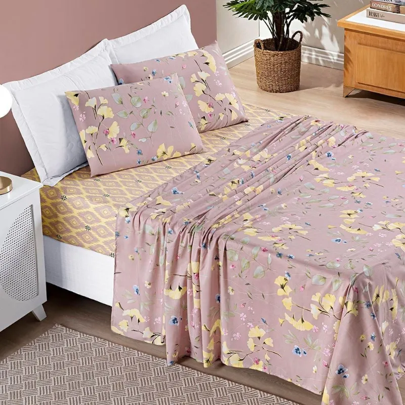 Jogo de Cama Lençol Bouti Estampado King 04 Peças - Lavanda