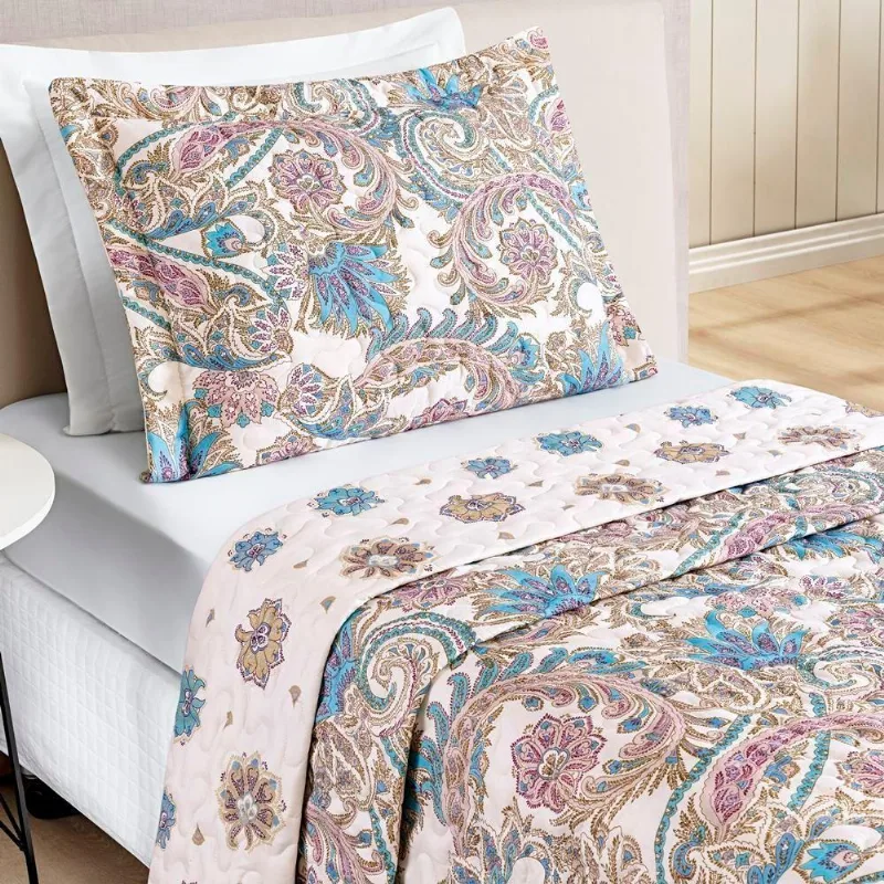 Colcha Estampada Dupla Face Bouti Solteiro 02 Peças - Floral Azul