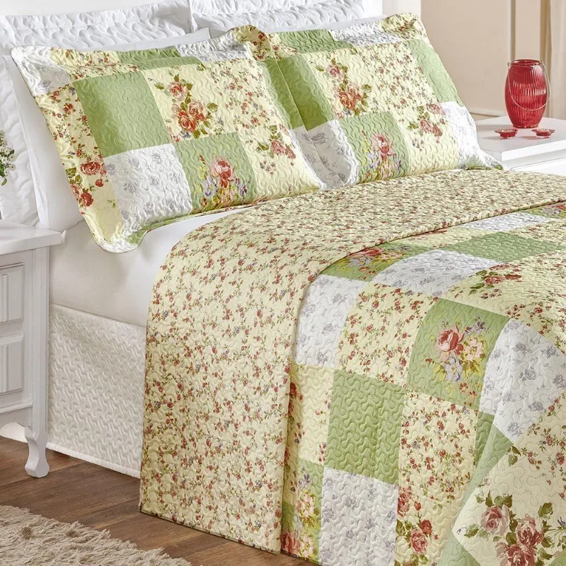 Colcha Estampada Dupla Face Bouti Solteiro 02 Peças - Patchwork Verde