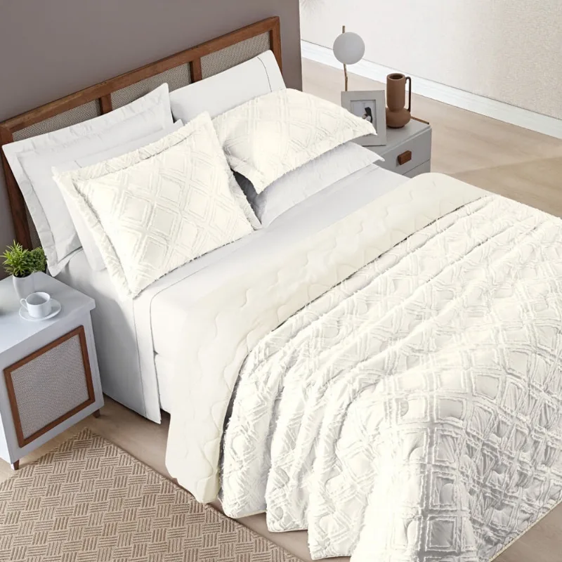 Cobre Leito Colcha Aveline Solteiro 02 peças Dupla Face 300 Fios - Off White