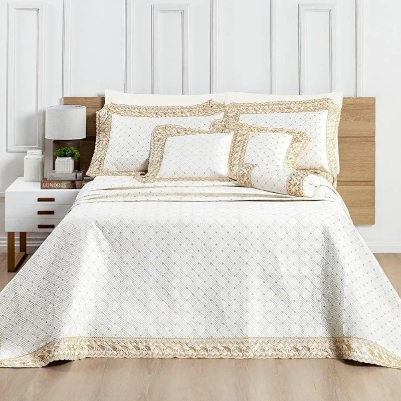 Cobre Leito Casal Padrão Royale Percal 200 Fios Algodão 6 Peças Off White