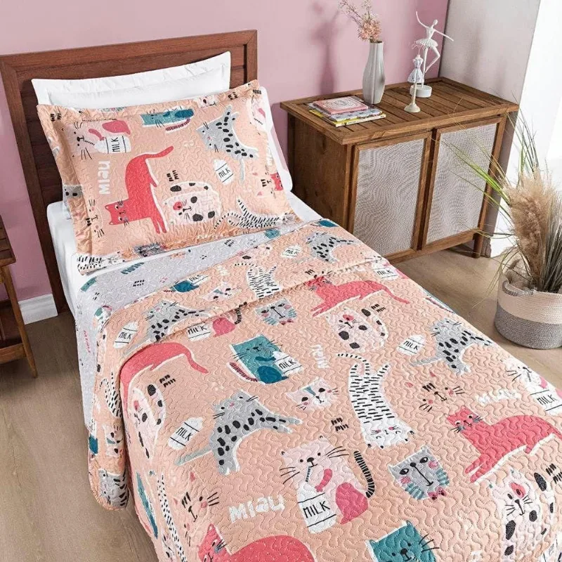 Colcha Solteiro Bouti Kids Dupla Face Estampado 2 Peças Gatinha - Bia Enxovais