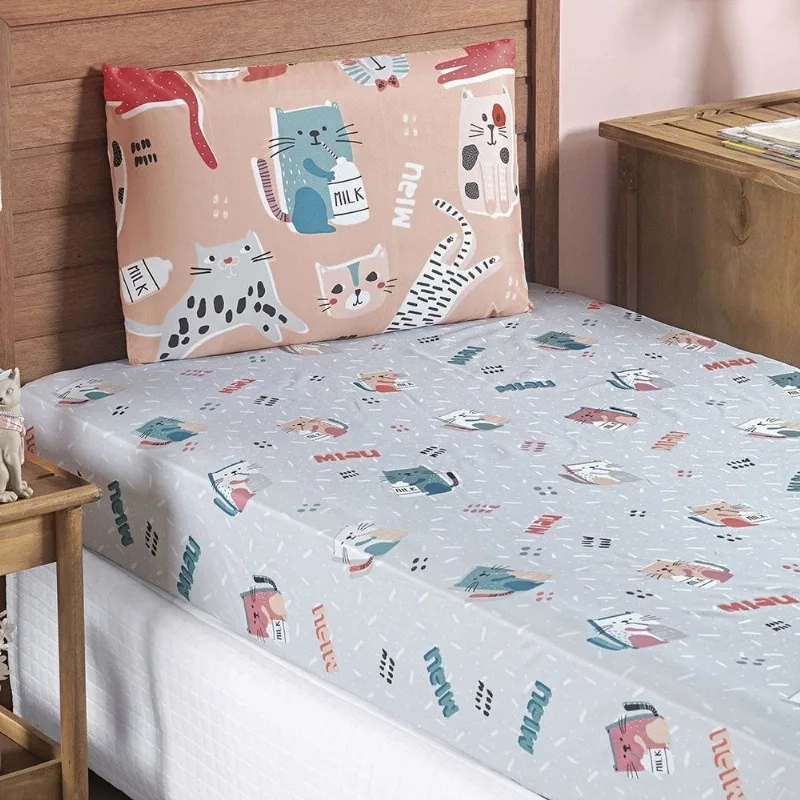 Jogo de Cama Lençol Bouti Infantil Kids Solteiro 02 Peças 100% Poliéster - Gatinha