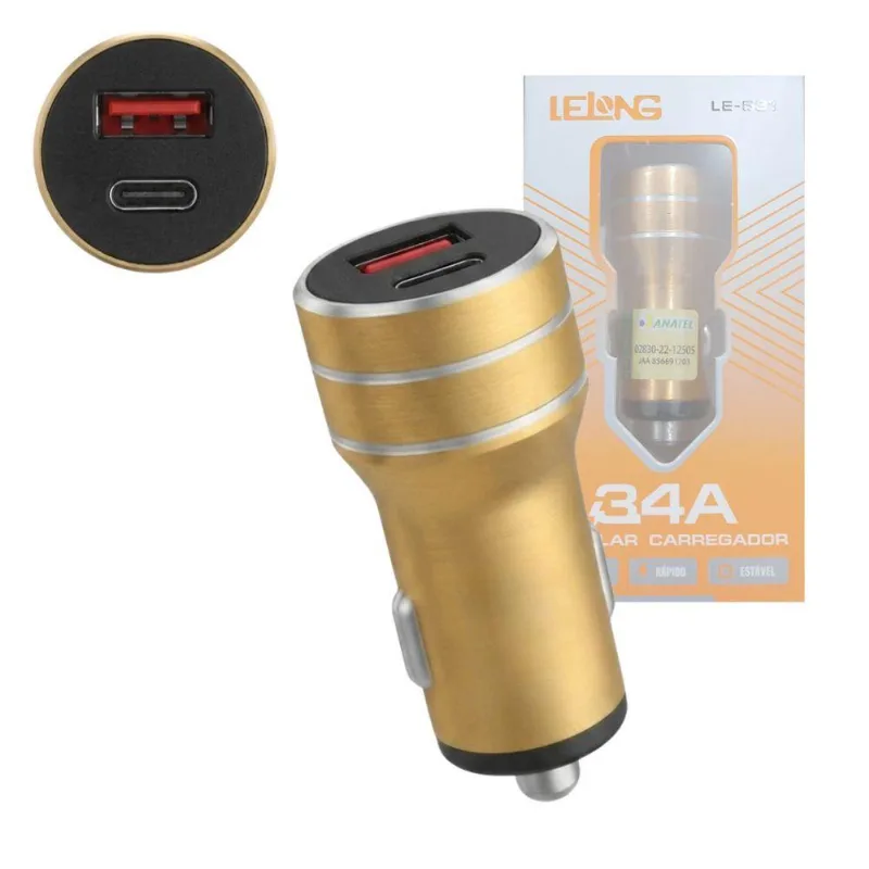 Carregador Veicular Lelong LE-531 Com 2 Saídas USB + Tipo-C 3.4A 1 Unidade