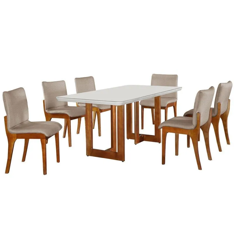 Sala De Jantar 180cm 6 Cadeiras Off White/imbuia /palha - Moderna - Móveis