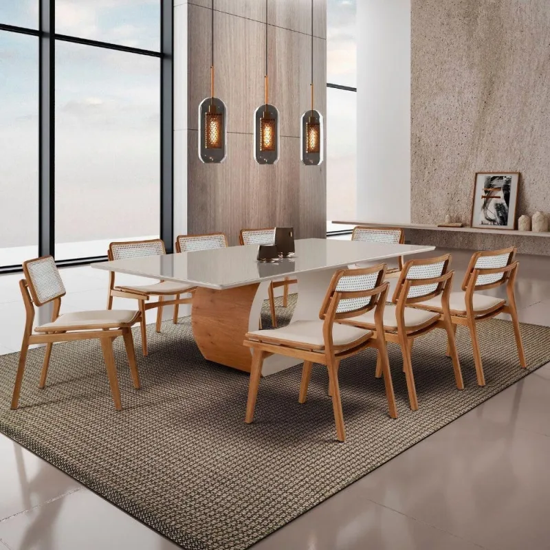 Sala De Jantar Mesa Ellis Com 8 Cadeiras Eva Premium Linho Off White Imbuia Nat - Moderna