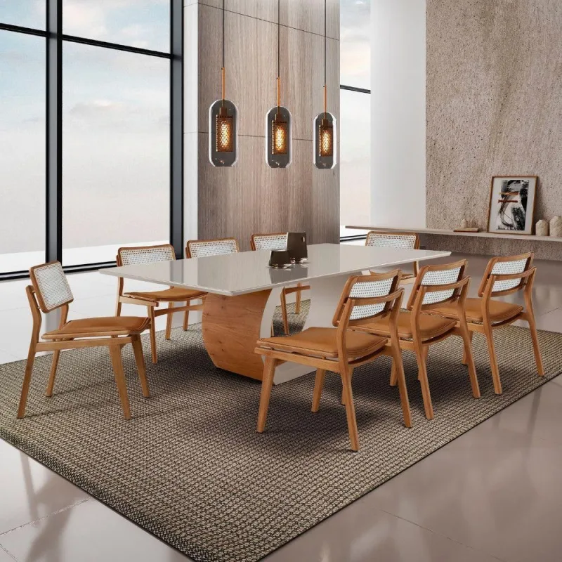 Sala De Jantar Mesa Ellis Com 8 Cadeiras Eva Premium Star Caramelo Off White Imbuia Nat - Moderna - Móveis