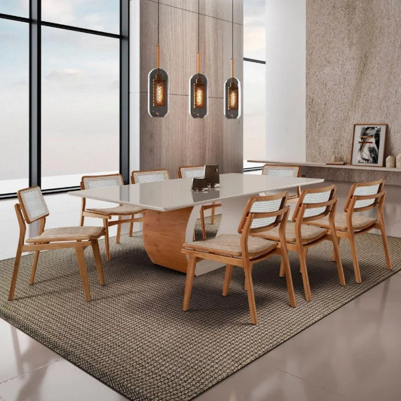 Sala De Jantar Mesa Ellis Com 8 Cadeiras Eva Premium Milano Off White Imbuia Nat - Moderna