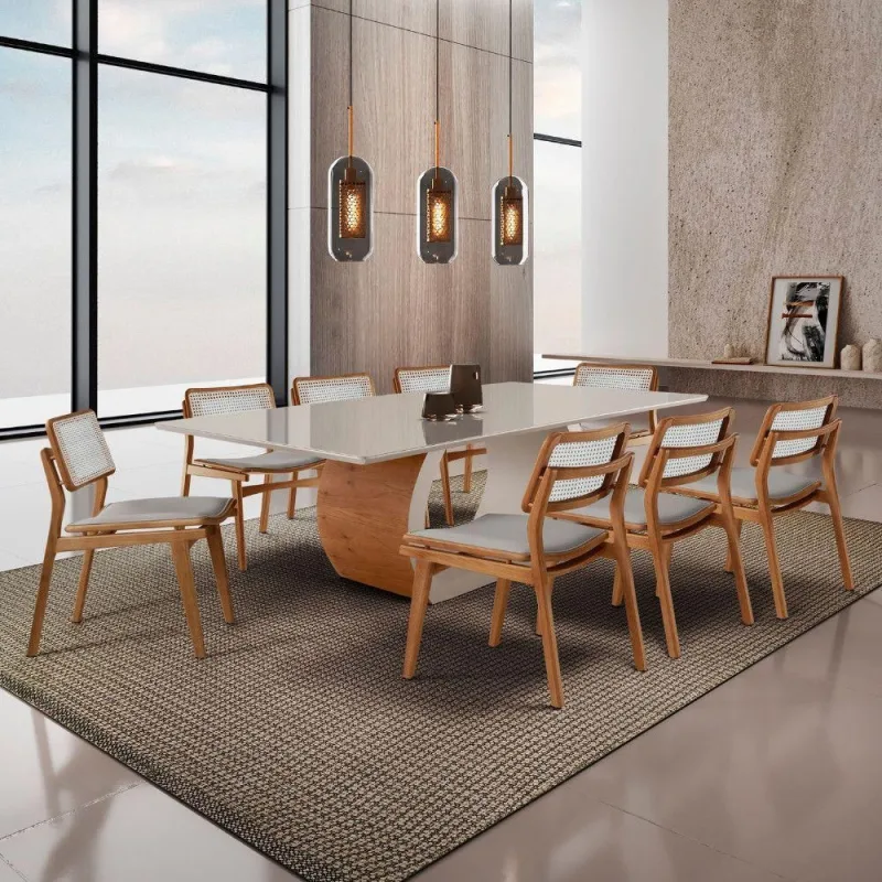 Sala De Jantar Mesa Ellis Com 8 Cadeiras Eva Premium Luna Off White Imbuia Nat - Moderna