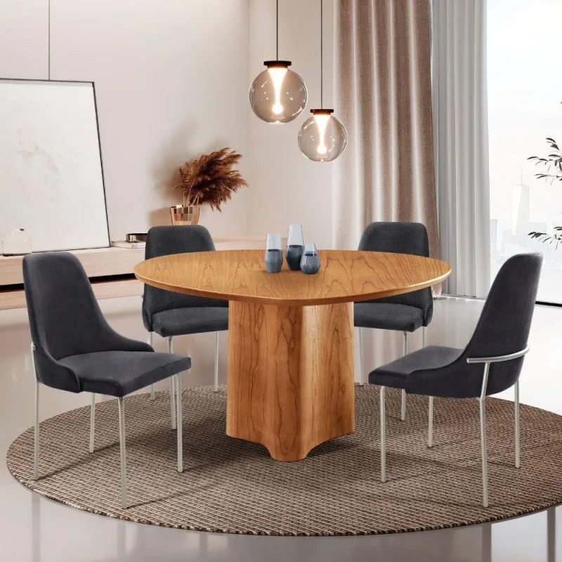 Sala De Jantar Mesa Selene Com 4 Cadeiras Moderna Mobilia Linho Preto/cinamomo Imb/prata - Moderna - Móveis
