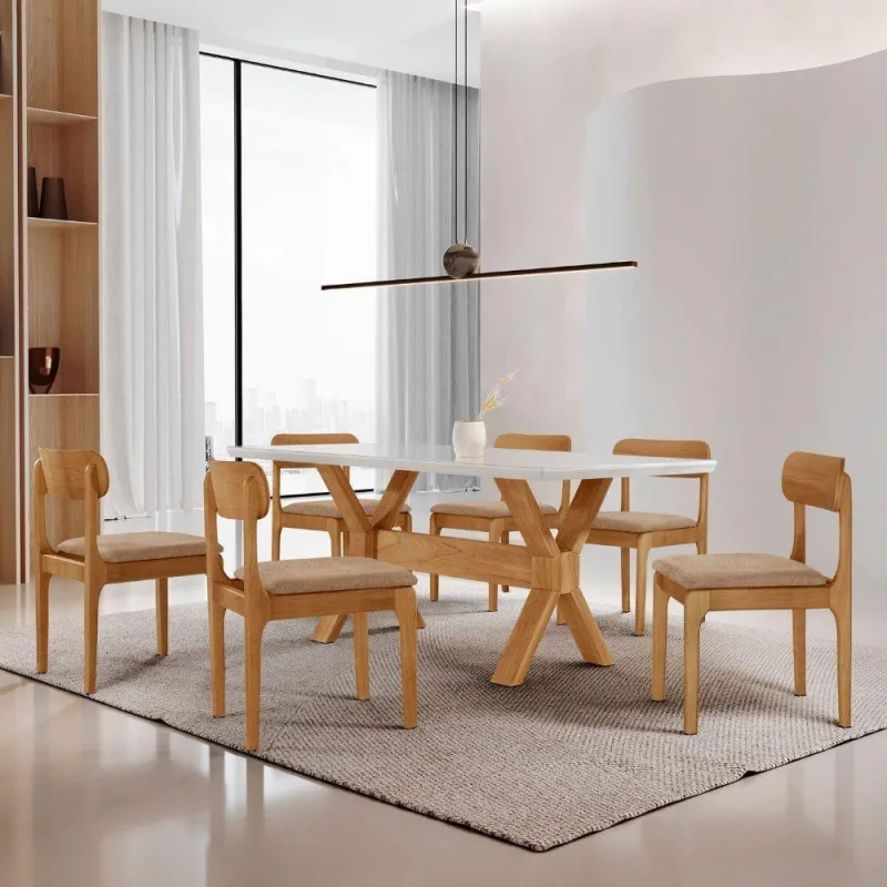 Sala De Jantar Mesa Star Tampo Laqueado E 6 Cadeiras Linho Palha/laq Off/cinam. Imbuia - Moderna - Móveis