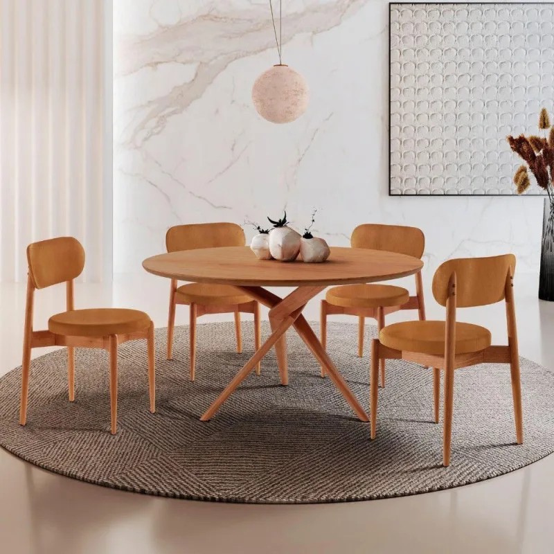 Sala De Jantar Mesa Ballaretampo Redondo 4 Cadeiras Moderna Star Caramelo - Moderna - Móveis