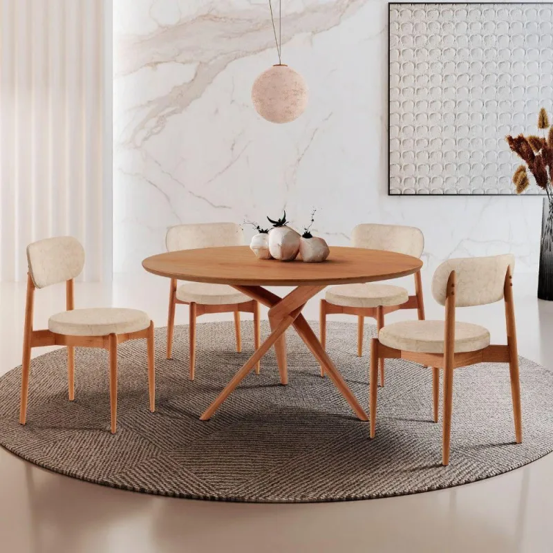 Sala De Jantar Mesa Ballare 120cm Tampo Redondo 4 Cadeiras Milano/imbuia Nat/cinam. Imbuia - Moderna