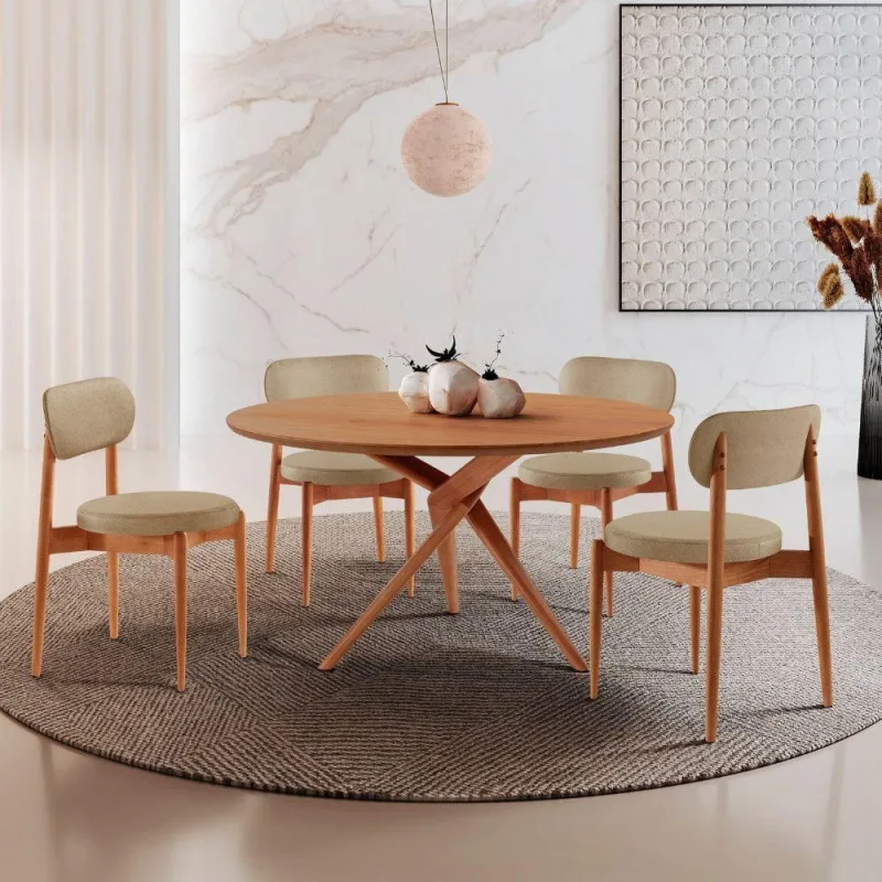 Sala De Jantar Mesa Ballare 120cm Tampo Redondo 4 Cadeiras Ambar/imbuia Nat/cinam. Imbuia - Moderna