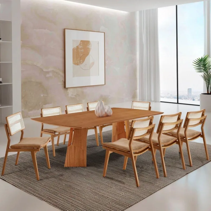 Sala De Jantar Mesa Florida Tampo Laminado Barril 8 Cadeiras Linho Palha/imbuia Nat/cinam. Imbuia - Moderna