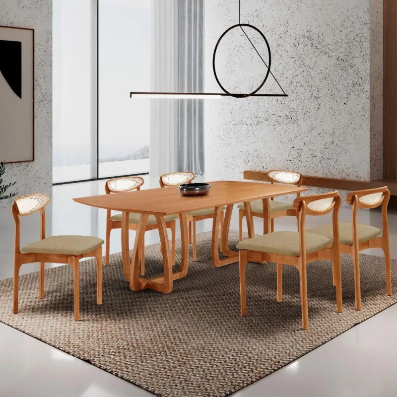 Sala De Jantar Mesa Flora 180cm Tampo E 6 Cadeiras Noronha Ambar/imbuia Nat/cinam. Imbuia - Moderna