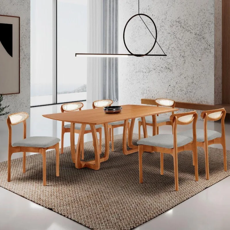 Sala De Jantar Mesa Flora 180cm Tampo E 6 Cadeiras Noronha Quartzo/imbuia Nat/cinam. Imbuia - Moderna