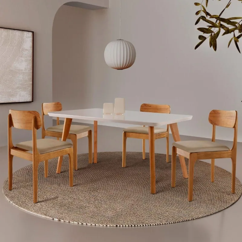 Sala de Jantar Malta 4 Lugares Tampo MDF Cadeiras Madeira Bege 120CM Moderna - moderna