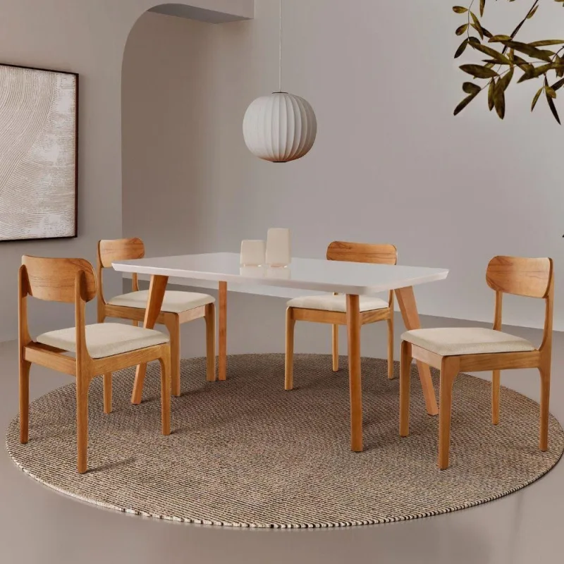 Sala de Jantar Malta - Star 4 Lugares Tampo MDF Cadeiras Madeira Off White 120CM Moderna - moderna