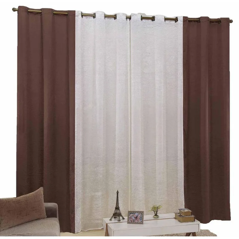 Cortina Cetim Amassado 5,00 X 2,70 Celeste Palha C/ Tabaco