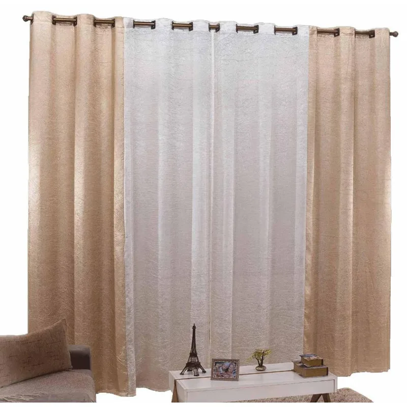 Cortina Cetim Amassado 2,60 X 1,60 Celeste Palha Com Dourado