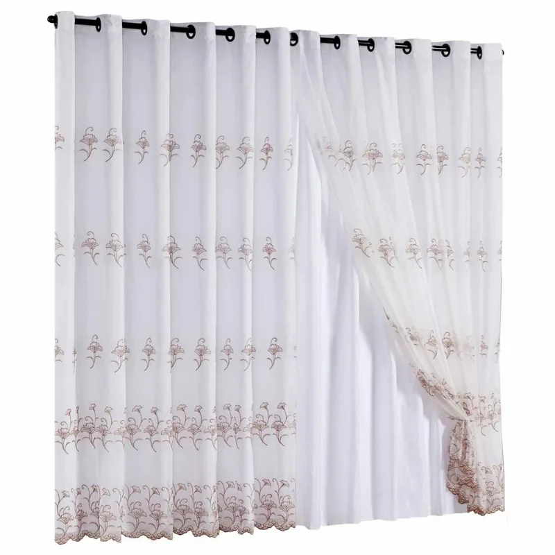 Cortina Com Voil Bordado Loren Tabaco Sala E Quarto 4M
