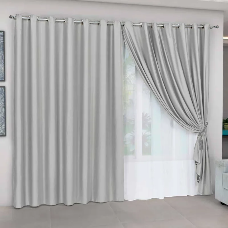 Cortina 3M Cinza/Branco Tecido Blackout E Voil