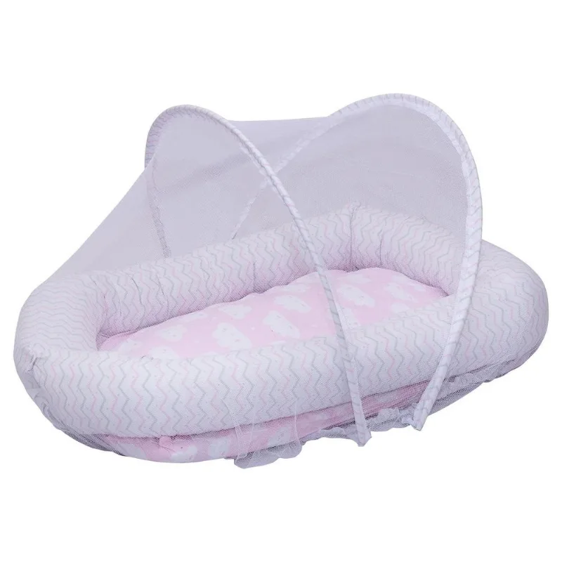 Ninho Do Bebê 02 Peças Com Mosquiteiro Nuvem Rosa Bublim