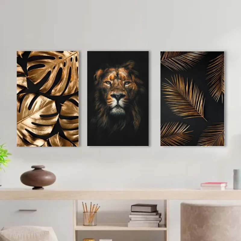 Kit 3 Placas Quadros Decorativos mdf A2 Leão Folhas Arte - Não Disponível - Decoração