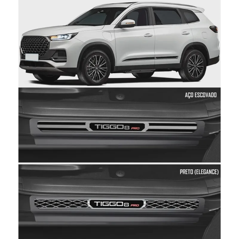 Jogo Soleira Premium Elegance Tiggo 8 Pro 2023 Em Diante 4 Portas ( Vinil + Resinada 8 Peças )