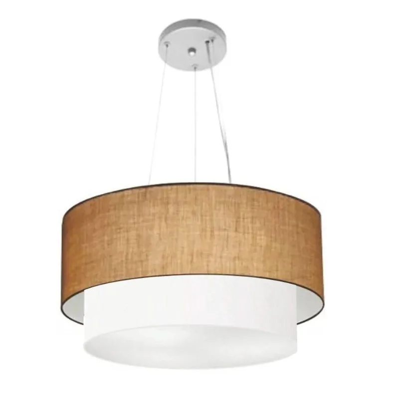 Lustre Pendente MD-4061 Duplo Cilíndrico com Cúpula em Tecido Bivolt Palha-branco Vivare Brasil