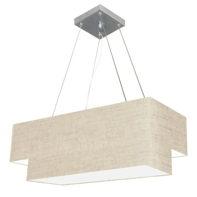 Lustre Pendente Retangular Vivare Md-4138 Cúpula Em Tecido 70x30cm X 60x25cm - Bivolt Rustico-bege 127/220v