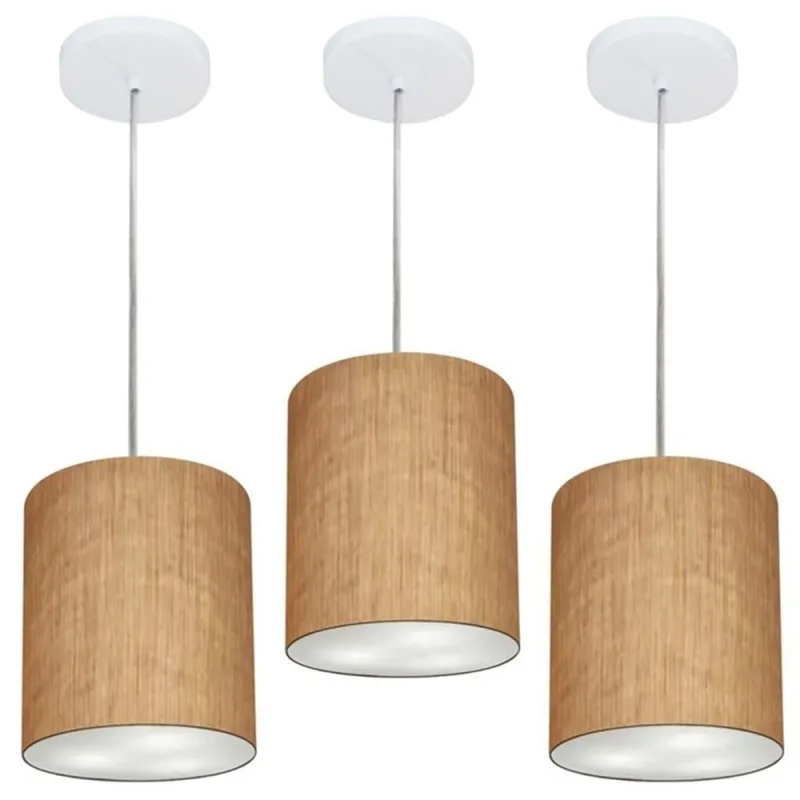 Kit 3 Lustres Pendentes Cilíndricos MD-4012 Cúpula em Tecido 18x25CM Palha Vivare Brasil Iluminação - Vivare Brasil Iluminação - Casa E Construção
