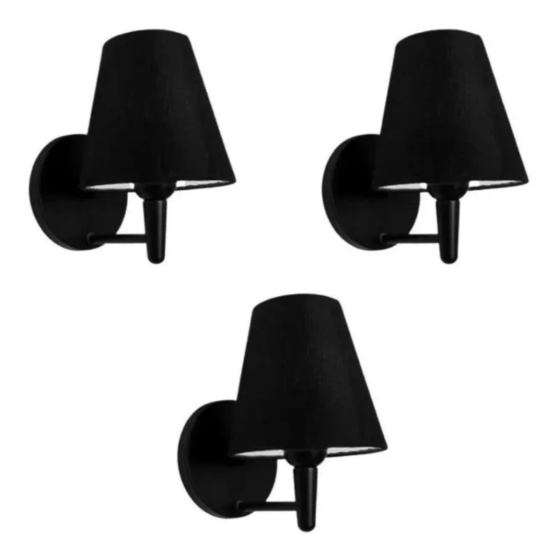 Kit-3 Arandela Cone Md-2004 Base Preto Cúpula Em Tecido 14-14x07cm Preto - Bivolt - Vivare Brasil Iluminação