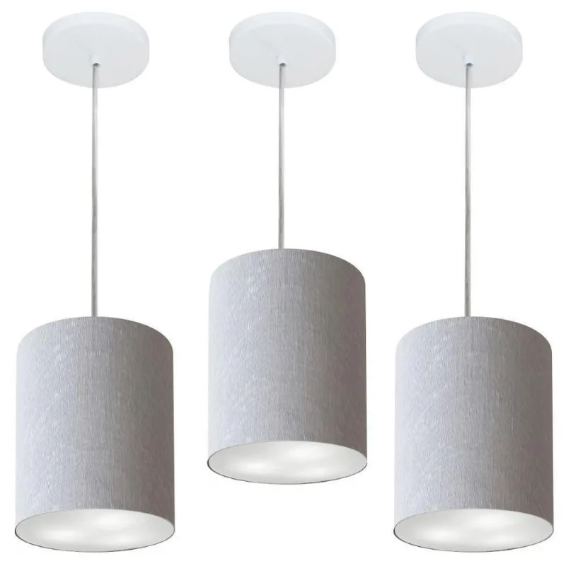 Kit Lustre Pendente Cilíndrico Md-4012 Cúpula em Tecido Rústico 18X25CM Cinza Vivare Brasil - Vivare Brasil Iluminação