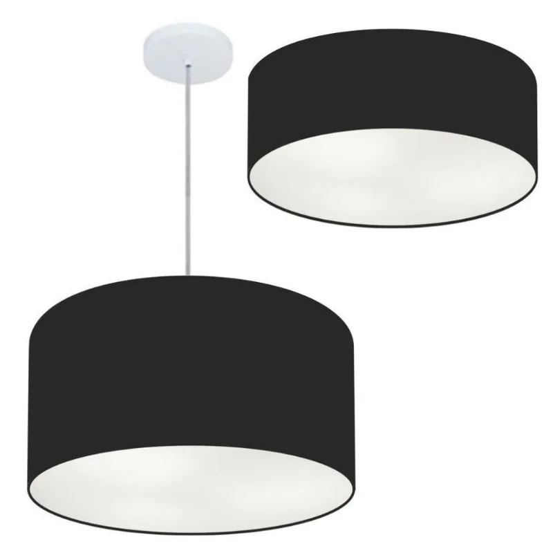 Kit Plafon Cilíndrico Md-3005 E Pendente Md-4019 Cúpula Em Tecido 40cm Preto - Bivolt - Vivare Brasil Iluminação