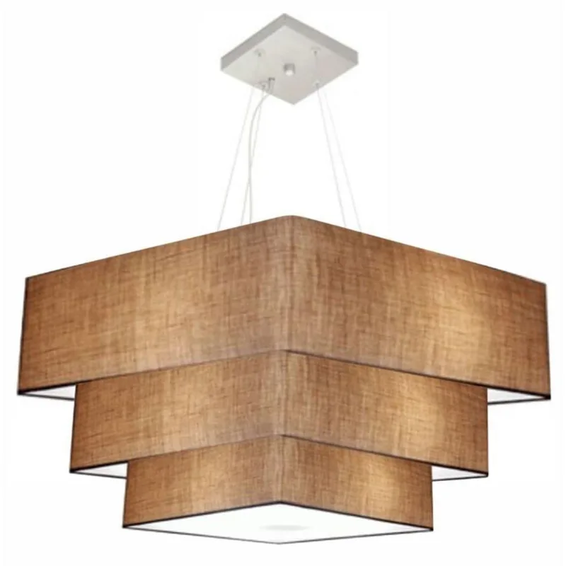 Lustre Pendente Triplo Quadrado Md-4165 Cúpula Em Tecido 80x70x60cm Palha - Bivolt