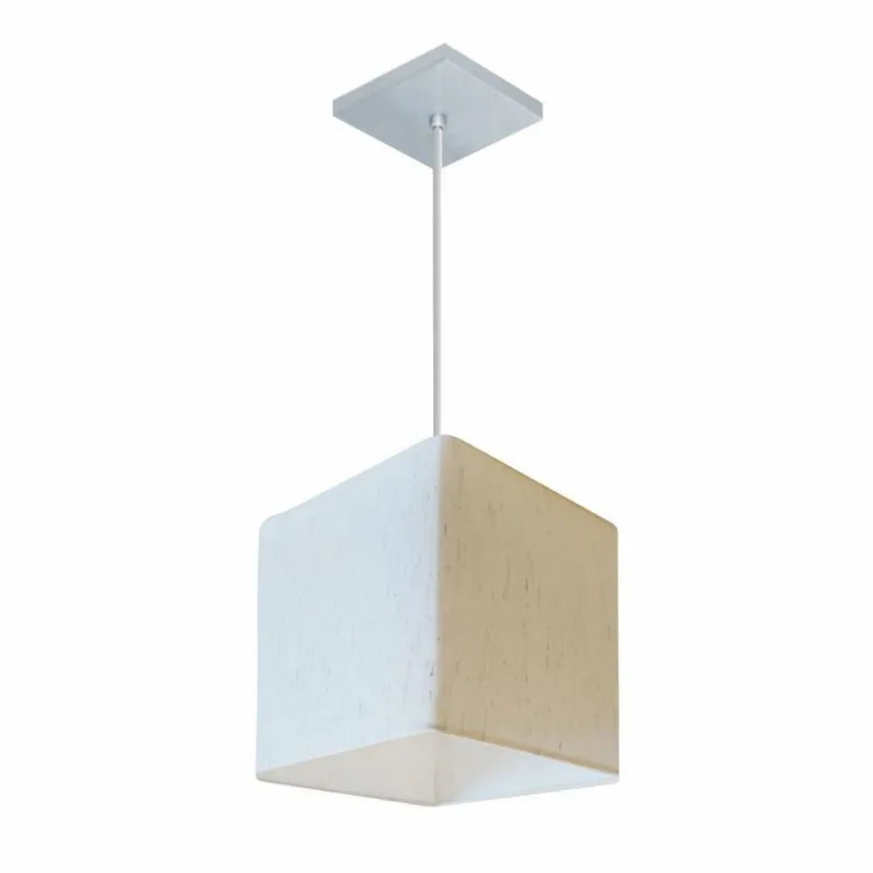Lustre Pendente Quadrado Md-4224 Cúpula Em Tecido 16/16x16cm Linho Bege - Bivolt