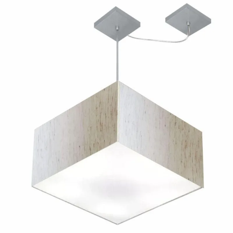 Lustre Pendente Quadrado Com Desvio Md-4270 Cúpula Em Tecido 30/35x35cm Linho Bege - Bivolt