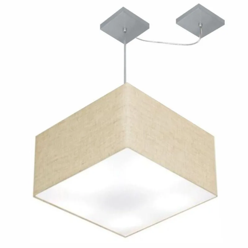 Lustre Pendente Quadrado Com Desvio Md-4270 Cúpula Em Tecido 30/35x35cm Rustico Bege - Bivolt