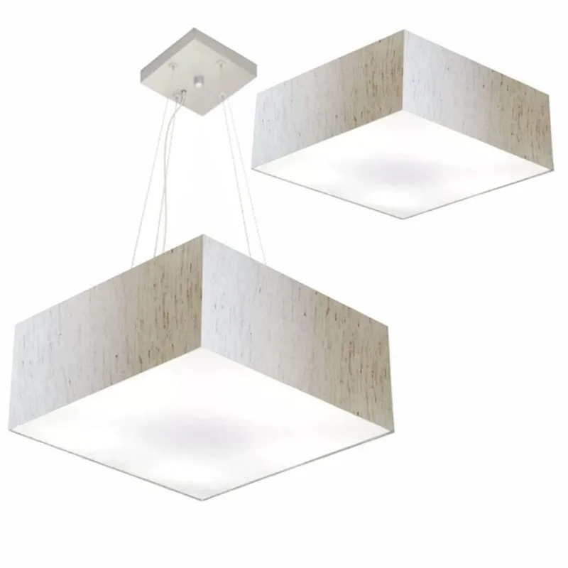 Kit Plafon Quadrado Md-3002 E Pendente Md-4032 Cúpula Em Tecido 50x50cm Linho Bege - Bivolt - Vivare Brasil Iluminação