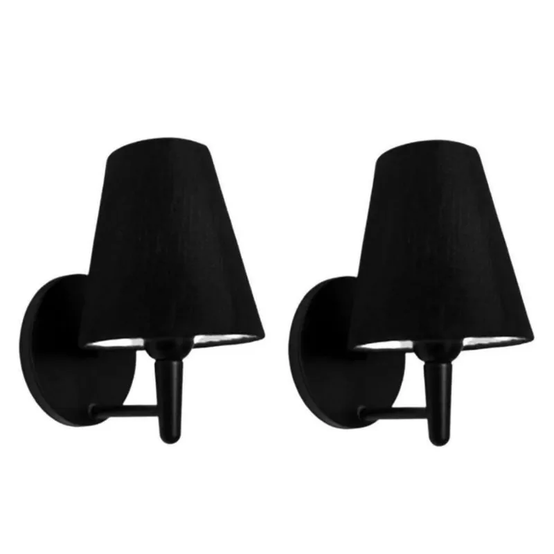 Kit-2 Arandela Cone Md-2004 Base Preto Cúpula Em Tecido 14-14x07cm Preto - Bivolt