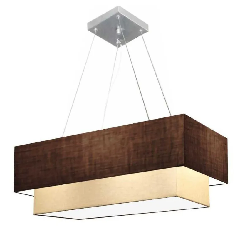 Lustre Pendente Retangular Vivare Md-4138 Cúpula Em Tecido 70x30cm X 60x25cm - Bivolt Café-algodão-crú 127/220v